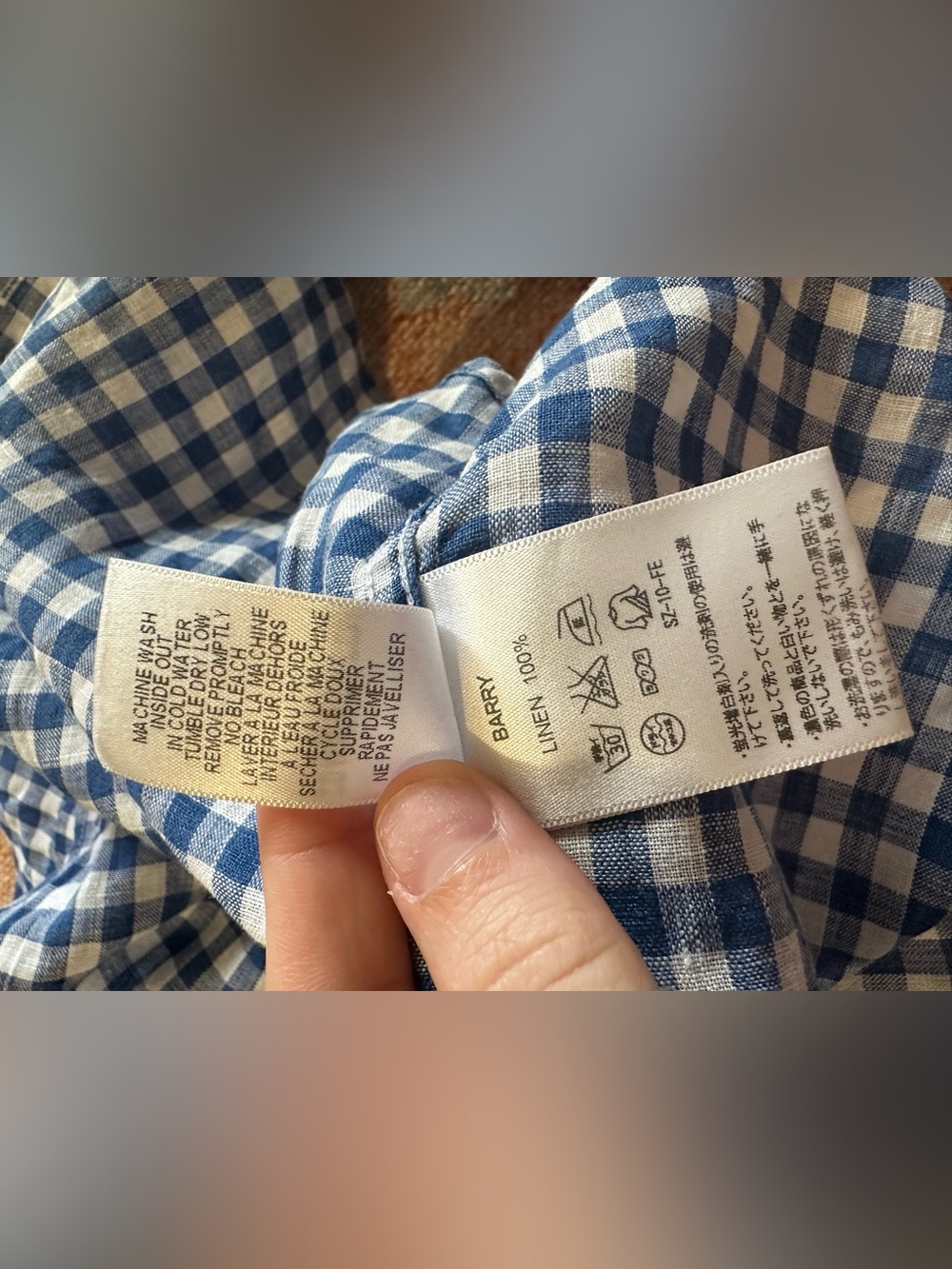 Frank and Eileen Barry blue and white plaid gingham 100% linen popover shirt Med - Picture 6 of 8